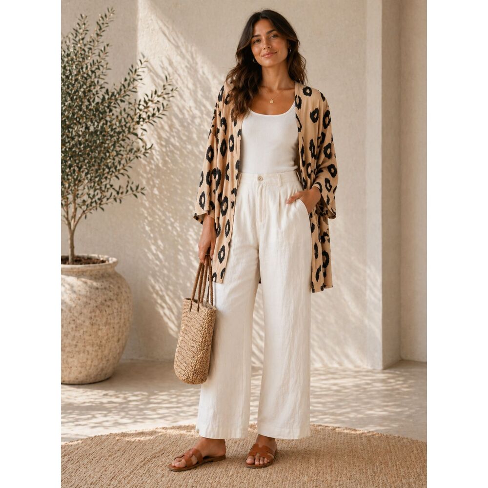 OUGES Leopard Print Kimono Cardigan Small Boho Lightweight Duster Animal Print